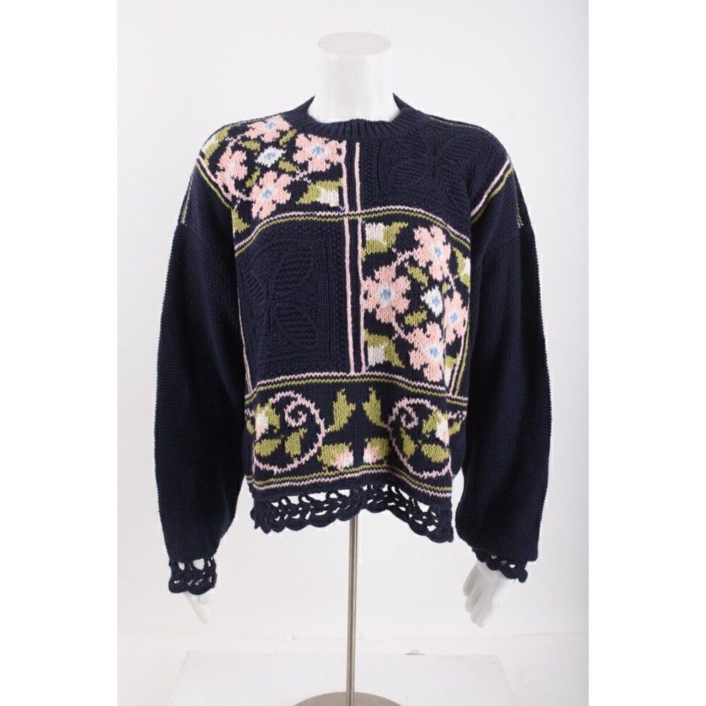 Vintage 90s Generra Womens Sweater Floral Mock Neck M Navy Blue Pink Crochet
